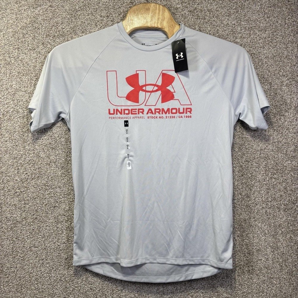 Under Armour Mens‎ Graphic Performance T-Shirt Gray Red Logo 1366785 Size Large